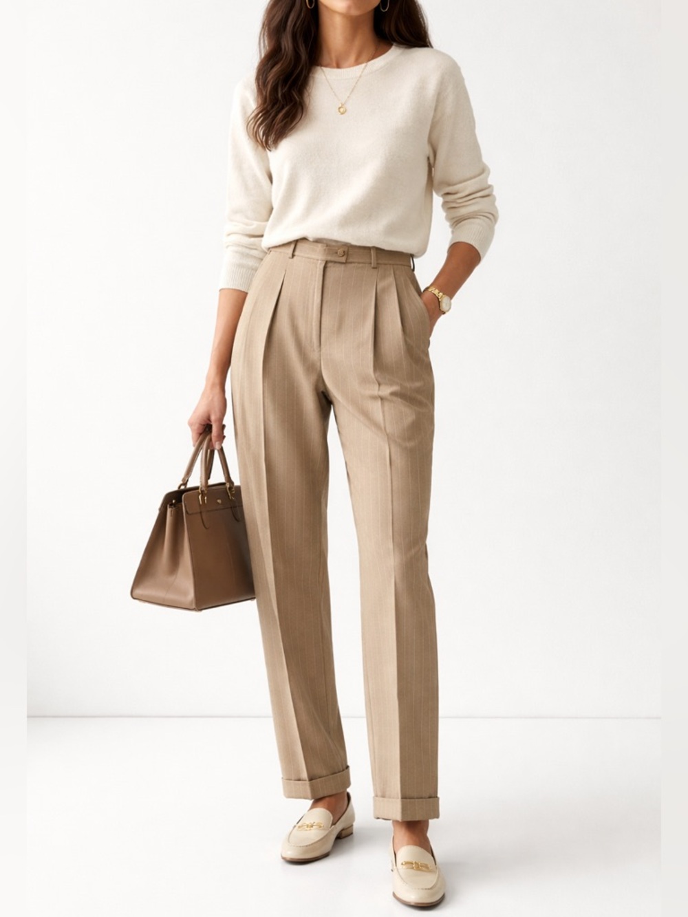 TALBOTS Wool Blend Pinstripe Trousers Size 10 Tan Pleated Straight Leg Career